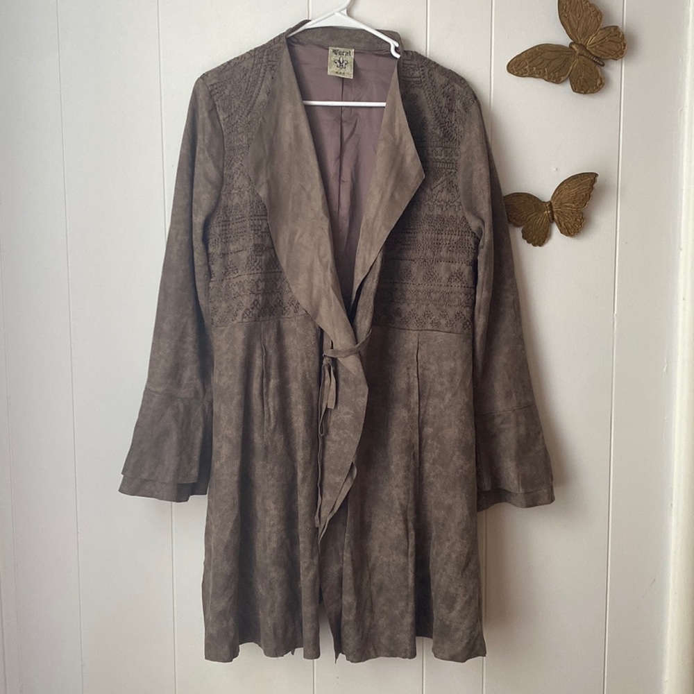 Vocal Brown Faux Suede Embroidered Open Cardigan